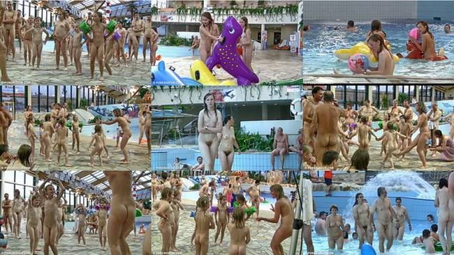 Viele Nudisten schwimmen im Pool video